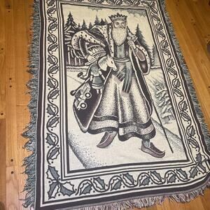 Papa Noelle Christmas Throw Woven Blanket Santa Cotton Tapestry 50” x 73” 1991